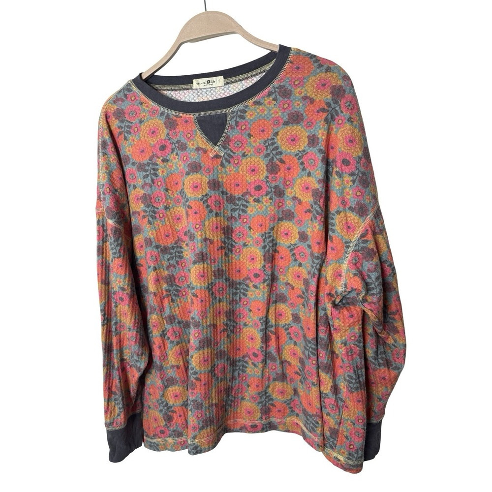 Natural Life Floral Waffle Knit Thermal Top Orange Pink Grey small